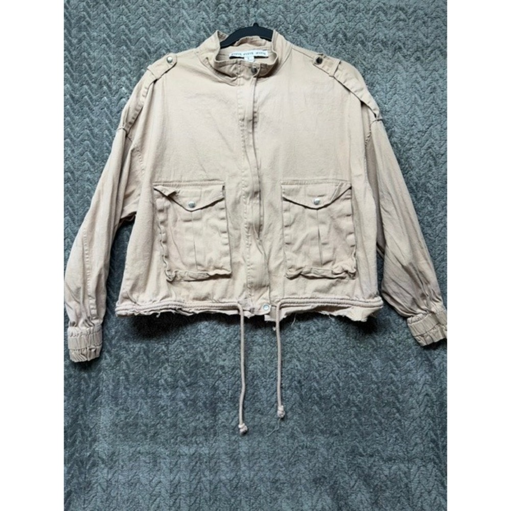 Hyfve Tan Khaki Cropped Utility Jacket Raw Hem Mock Neck Large 0702